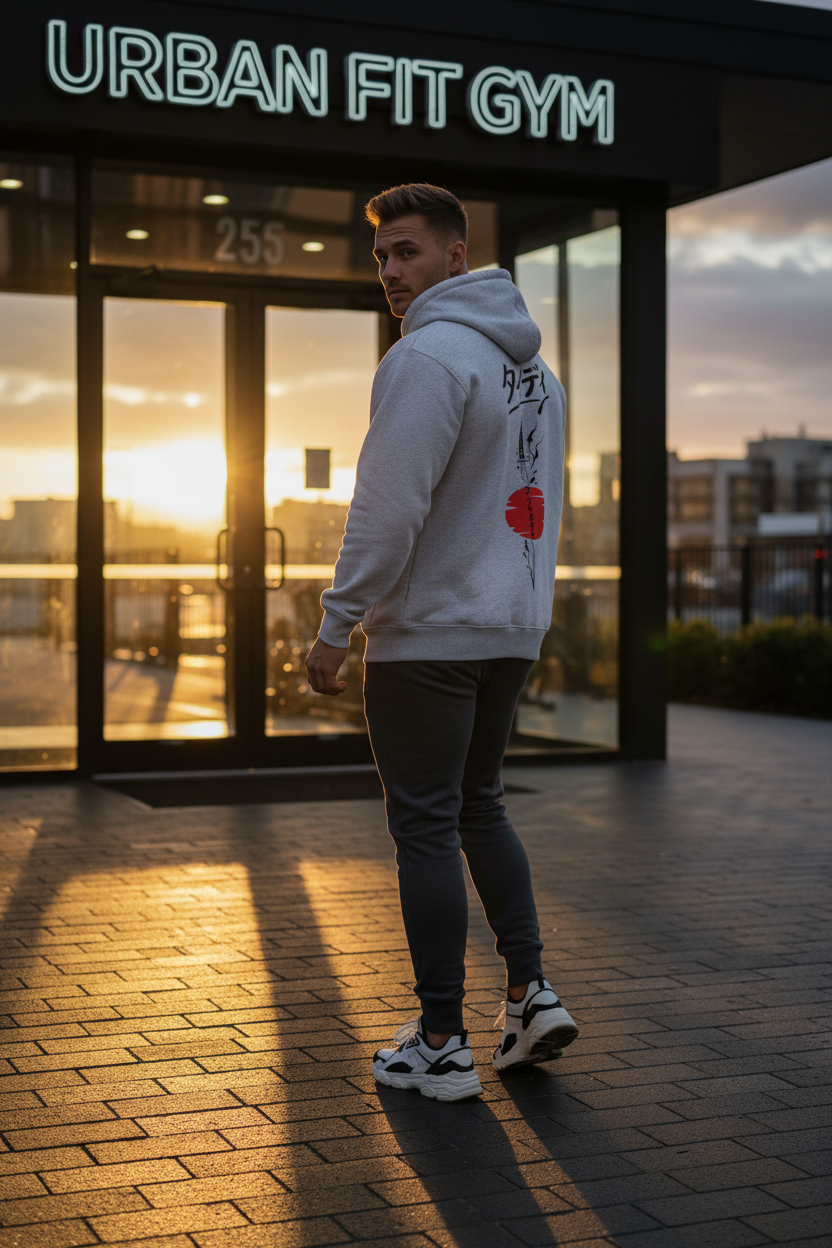 White hoodie with black and red designs on a white background