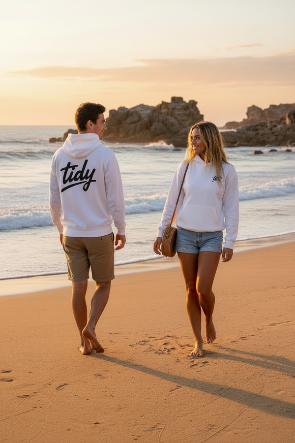 Two people walking on a beach with Tidy Original Heavyweight Hoodie