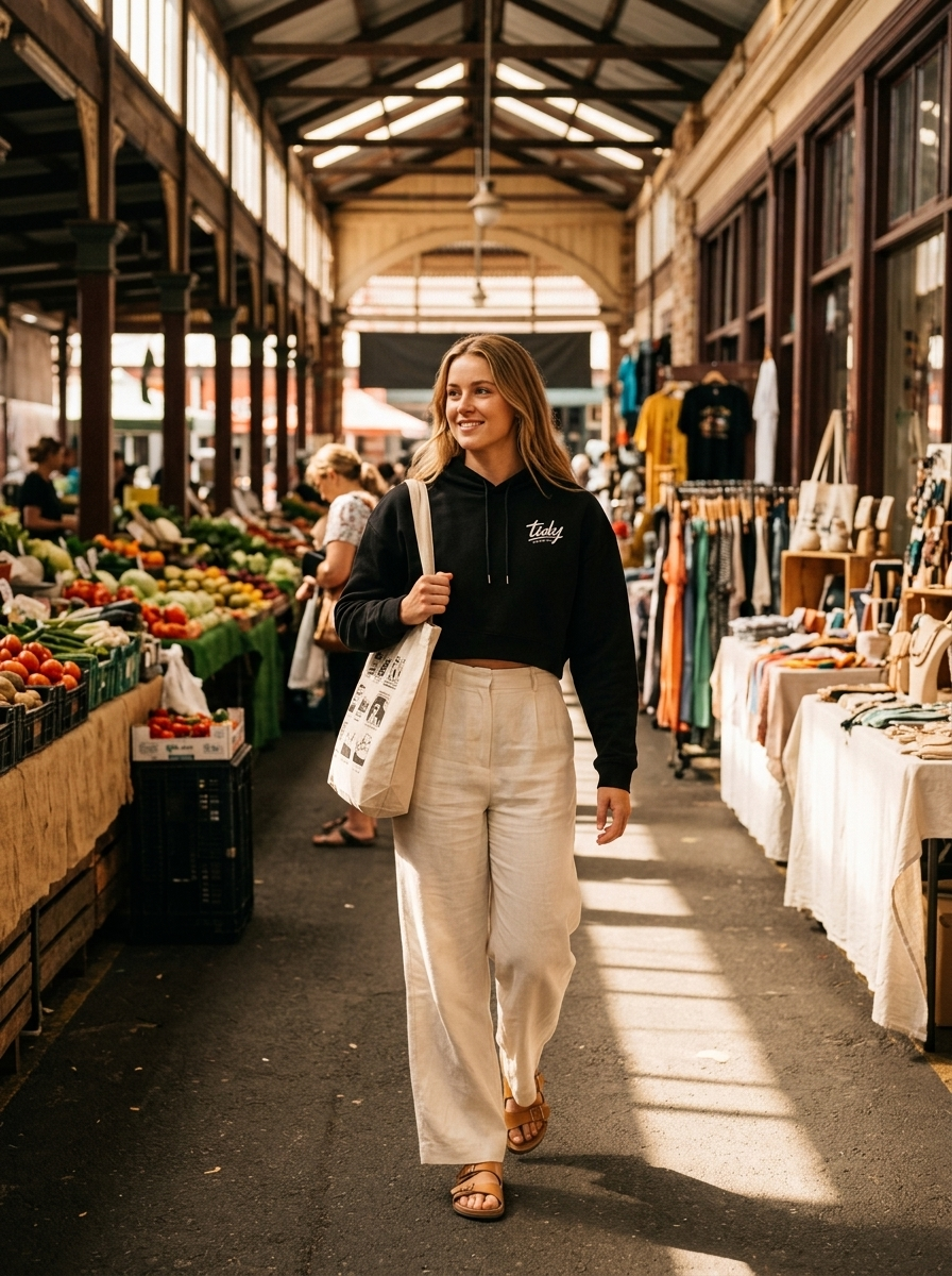 OG Cropped Hoodie White Logo - Fremantle markets lifestyle shot