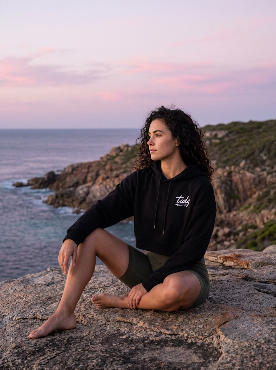 OG Cropped Hoodie White Logo - Cape Naturaliste coastal lifestyle shot