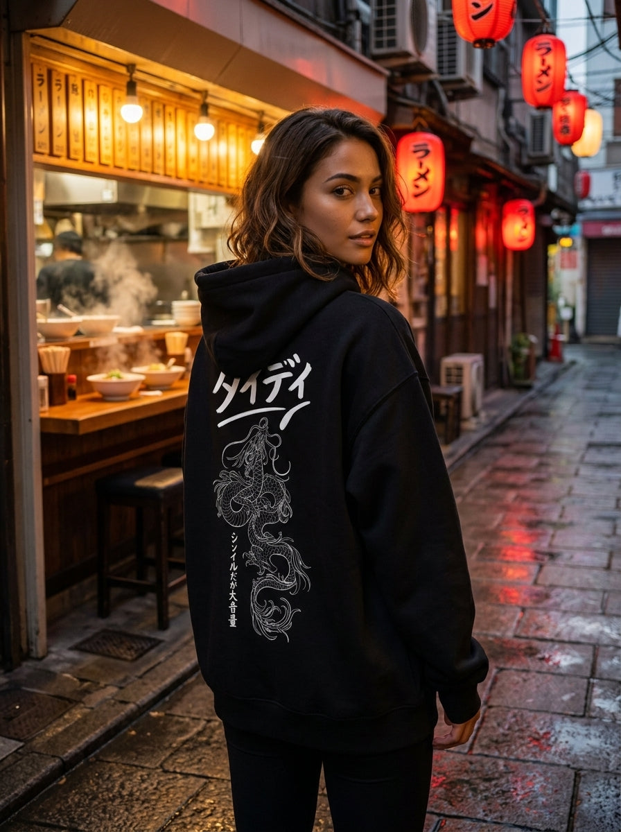 Dragon Drop-Shoulder Hoodie White Logo — Female lifestyle, neon ramen alley