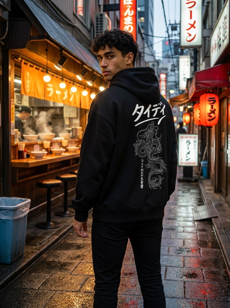 Dragon Drop-Shoulder Hoodie White Logo — Male lifestyle, neon ramen alley