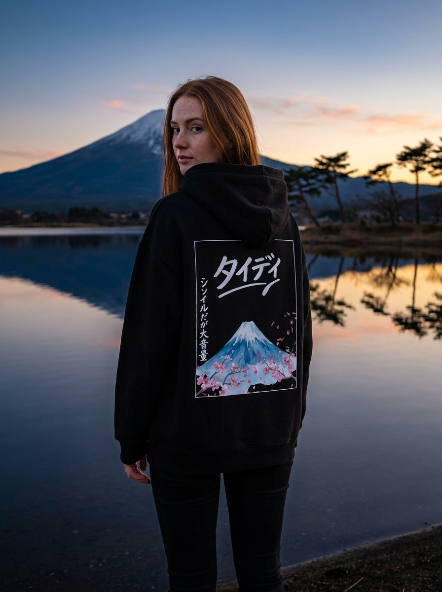 Mt Fuji Drop-Shoulder Hoodie White Logo — Female lifestyle, Lake Kawaguchi
