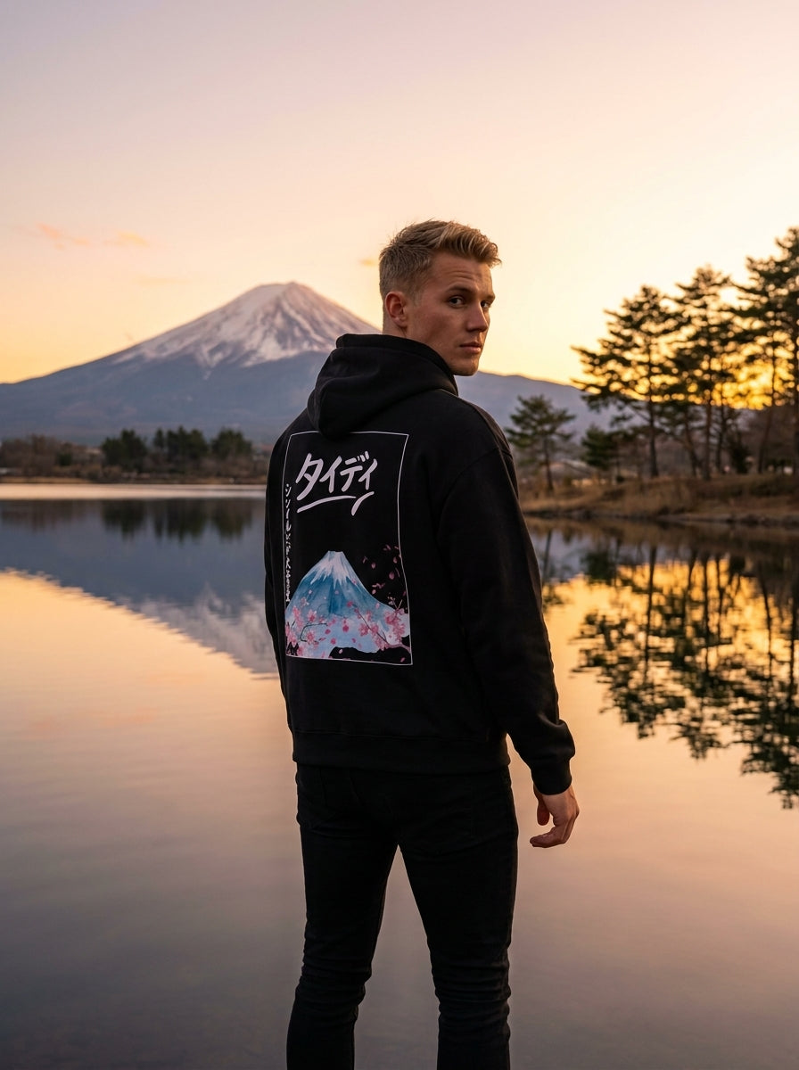 Mt Fuji Drop-Shoulder Hoodie White Logo — Male lifestyle, Lake Kawaguchi