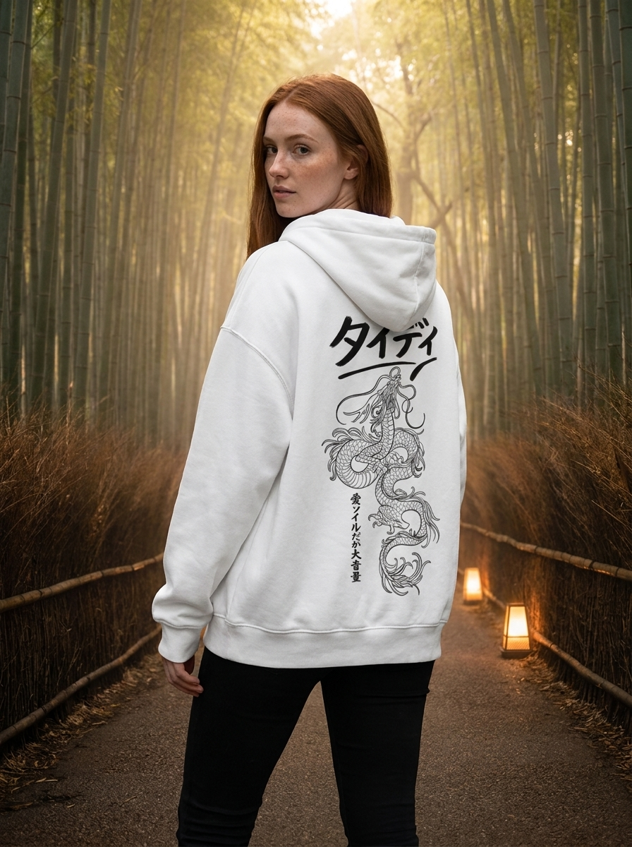 Dragon Zip-Up Hoodie Black Logo — Female lifestyle, bamboo grove Kyoto