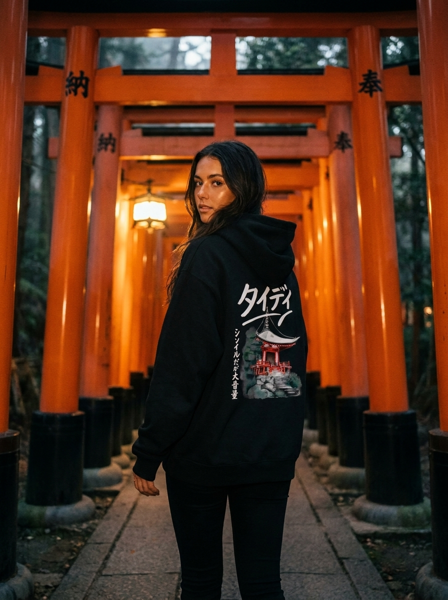 Temple Drop-Shoulder Hoodie White Logo — Female lifestyle, Fushimi Inari