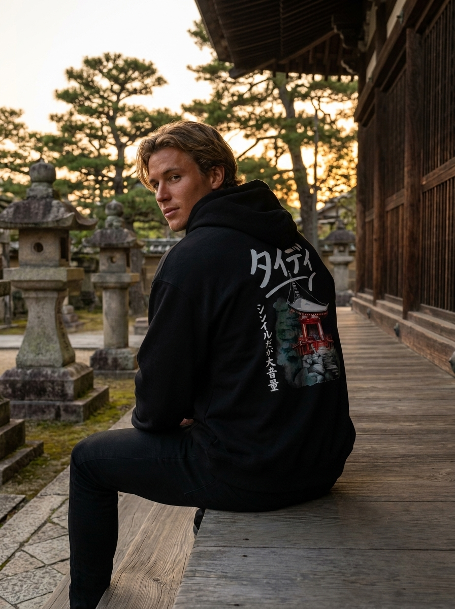 Temple Drop-Shoulder Hoodie White Logo — Male lifestyle, temple veranda