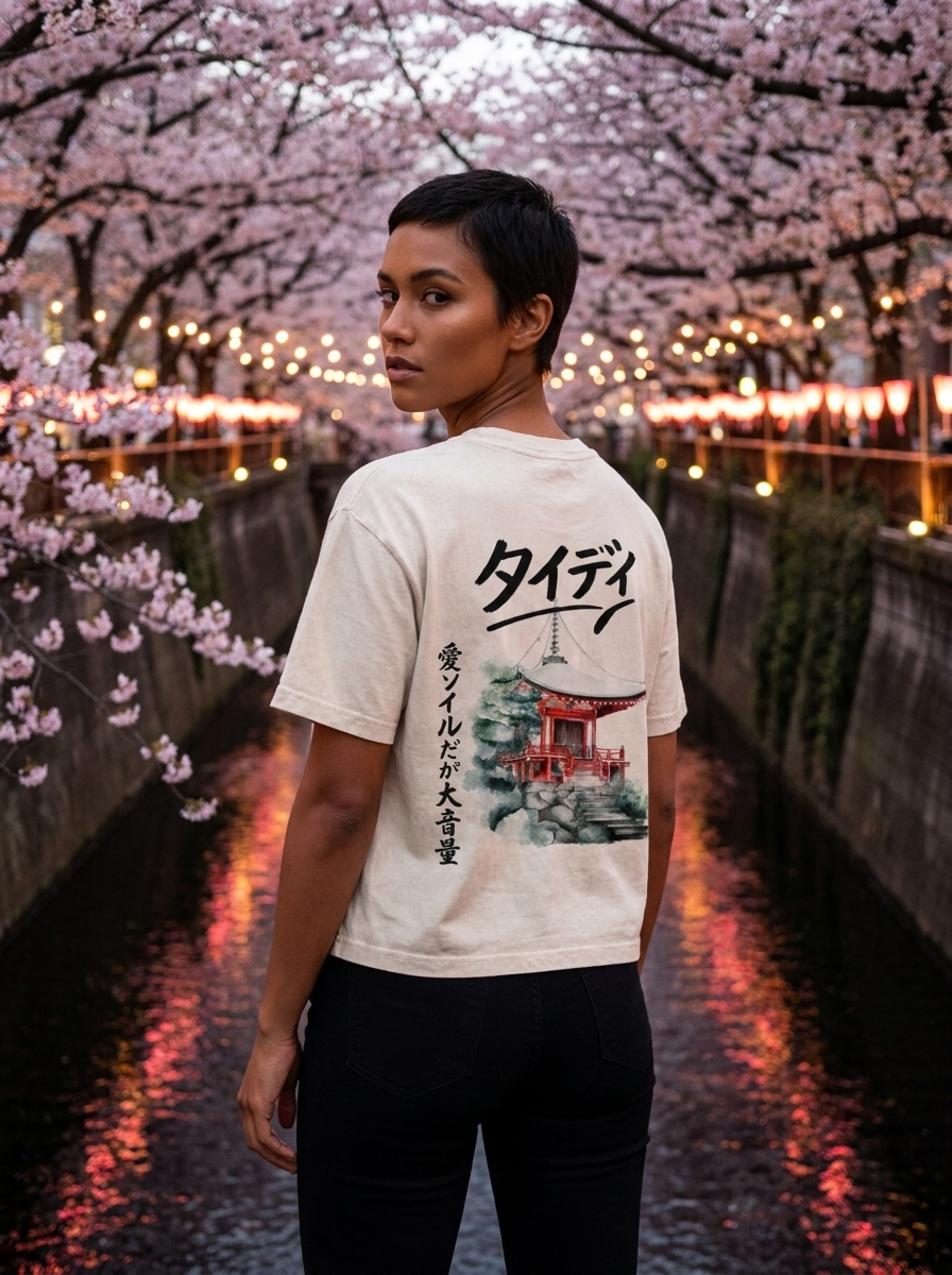Temple Mineral Wash Tee Black Logo — editorial lifestyle shot female