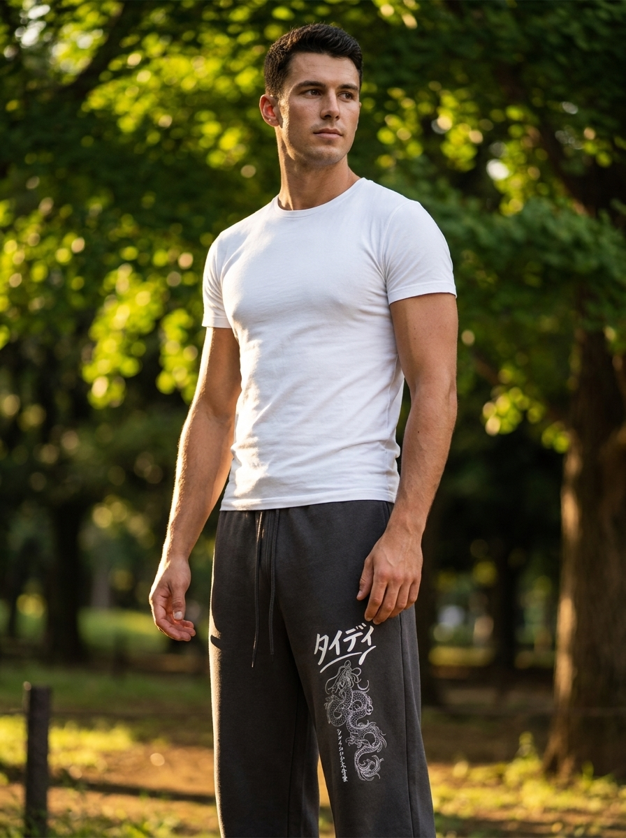 Dragon Fleece Sweatpants White Logo — editorial lifestyle shot male
