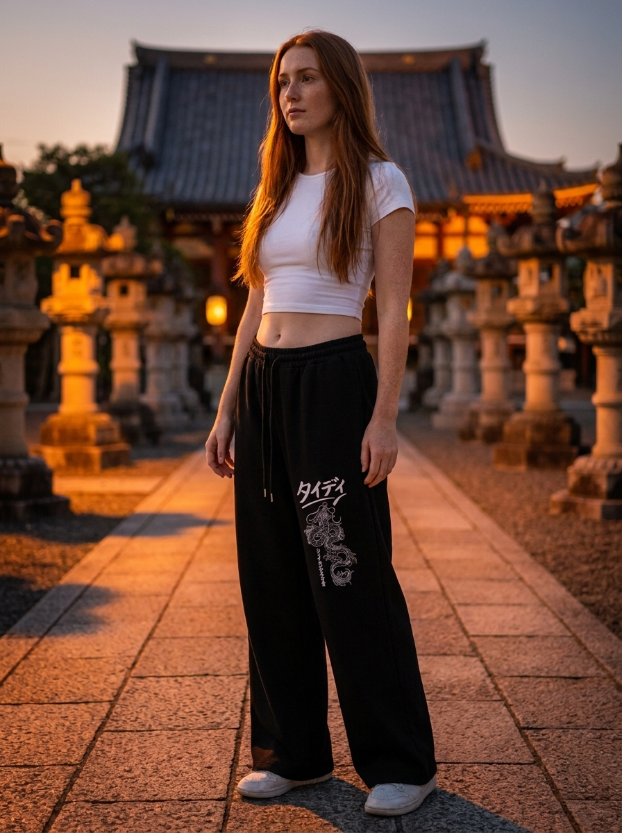 Dragon Sweatpants White Logo — editorial lifestyle shot female