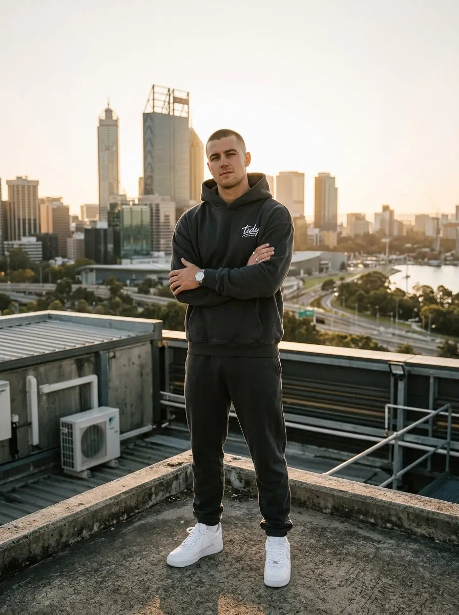 Tidy Originals Heavyweight Boxy Fleece Hoodie — man on Perth rooftop