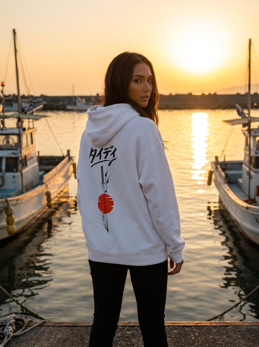 Tidy Tokyo Rising Sun Drop-Shoulder Hoodie — Japanese streetwear designed in Australia
