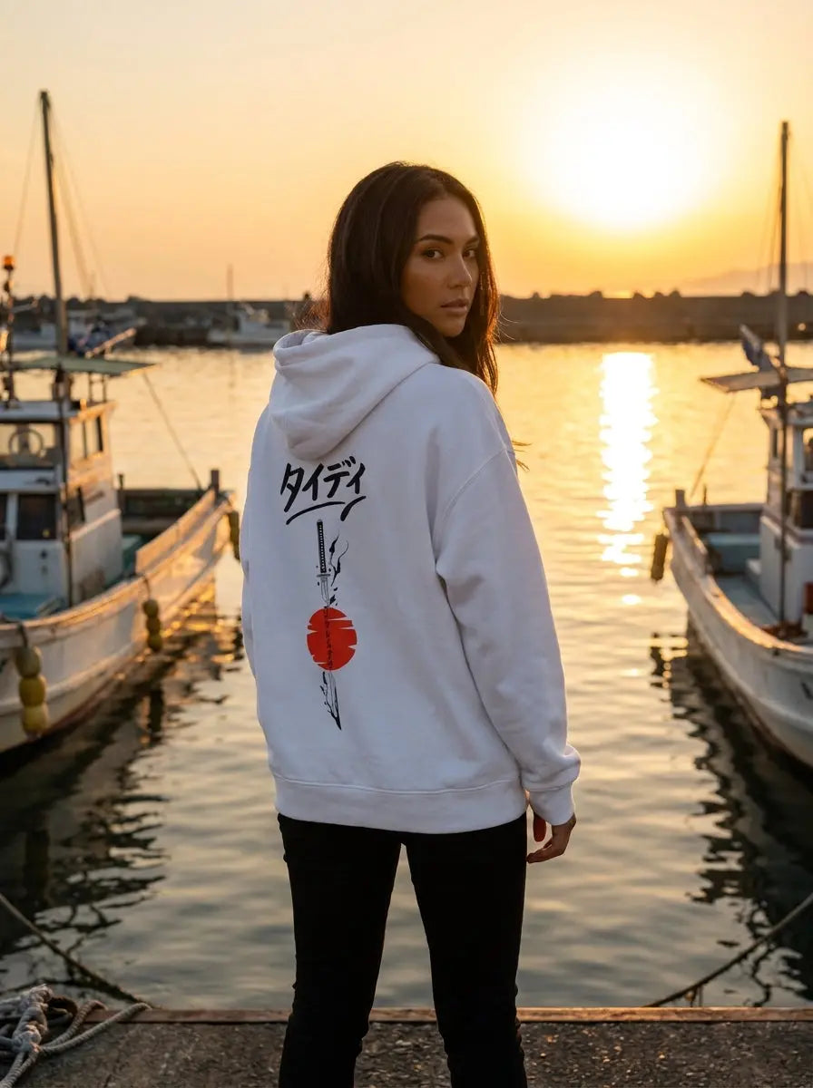 Rising Sun drop-shoulder hoodie — female lifestyle, Japanese harbor