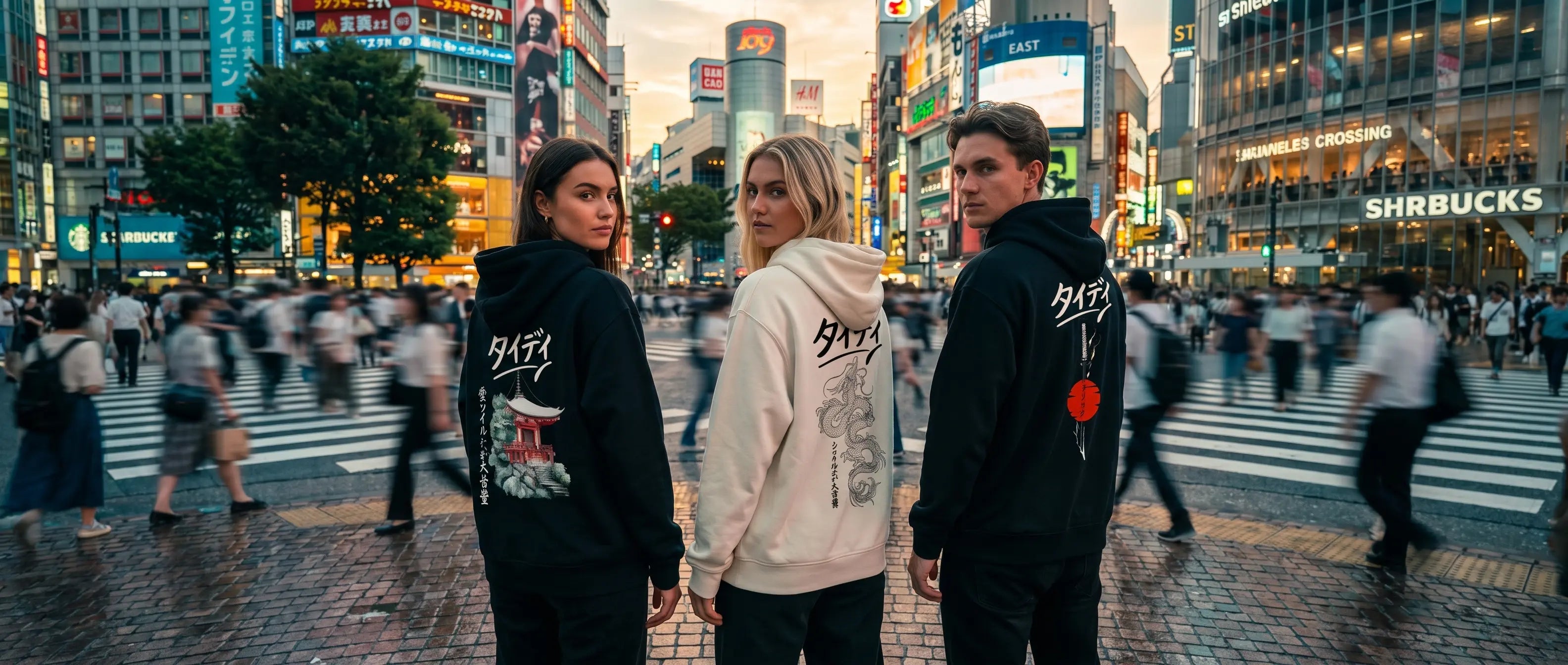 Tidy Tokyo collection — three models at Shibuya scramble crossing wearing Tidy Design hoodies