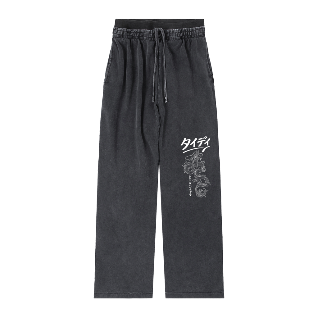 JP Dragon White Print Women's Washed Waist Pants