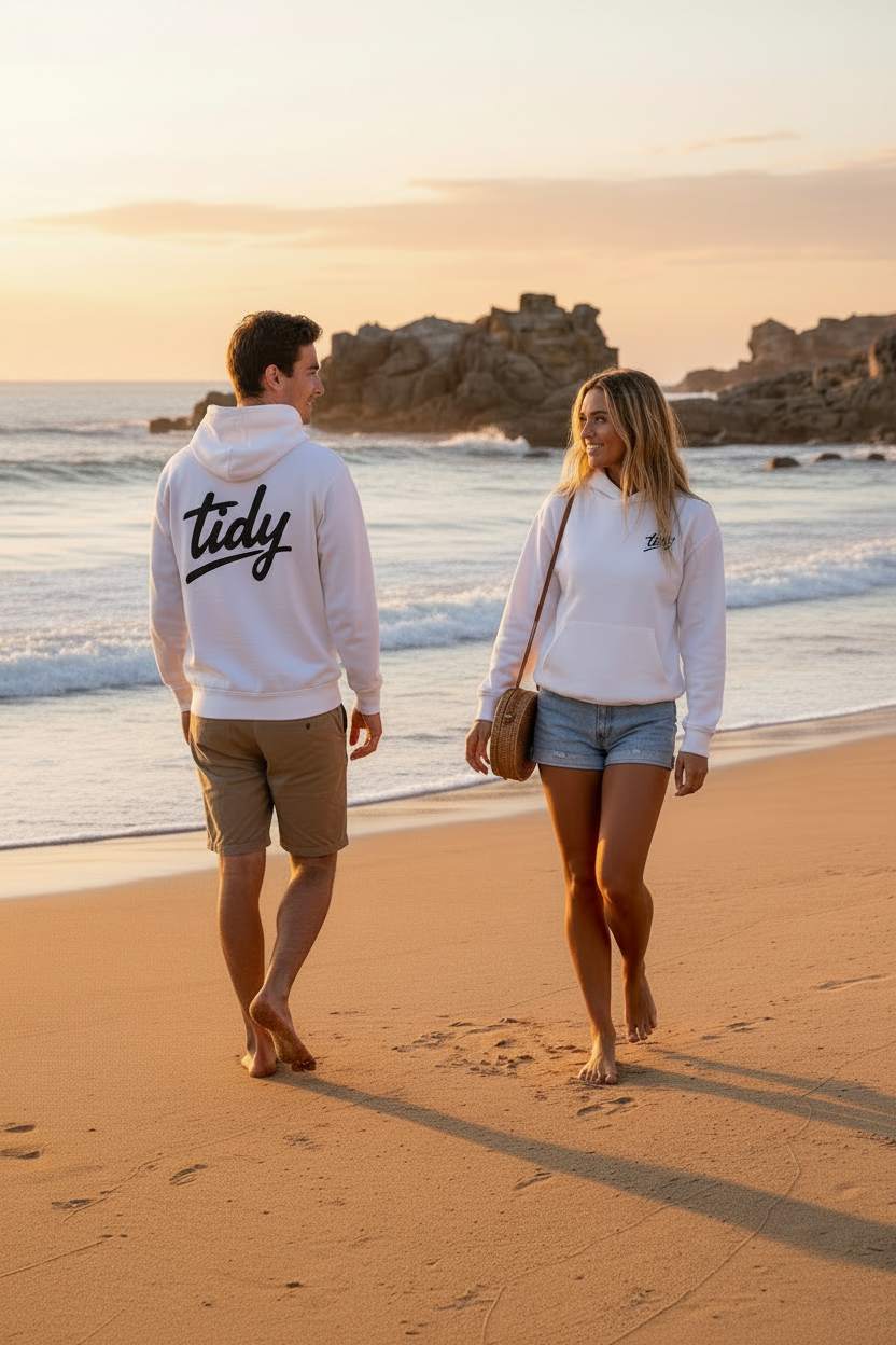 Two people walking on a beach with Tidy Original Heavyweight Hoodie