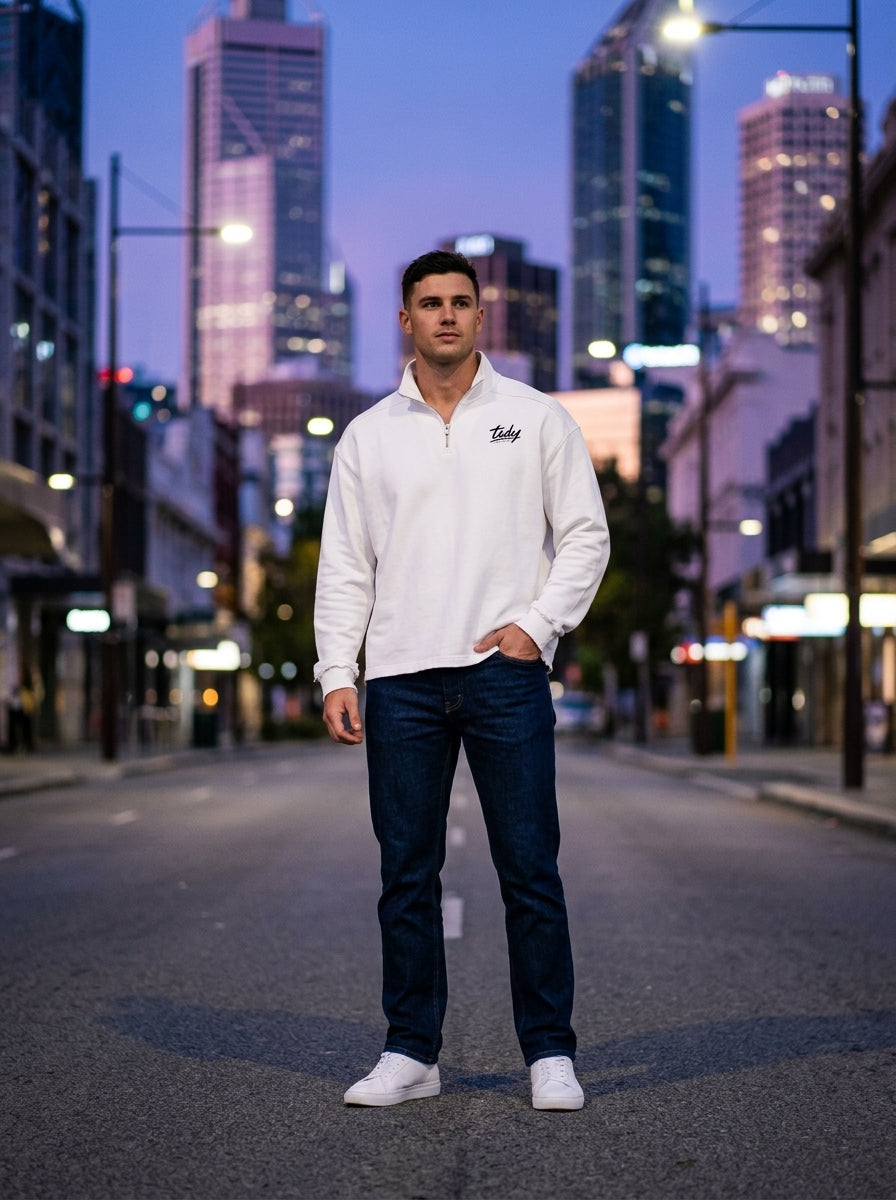 Tidy Originals Quarter-Zip Sweatshirt — man Perth city blue hour