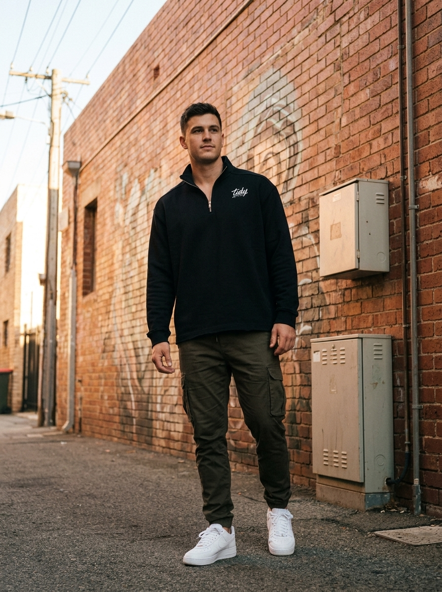 Tidy Originals Quarter-Zip Sweatshirt White Logo — man in Northbridge laneway
