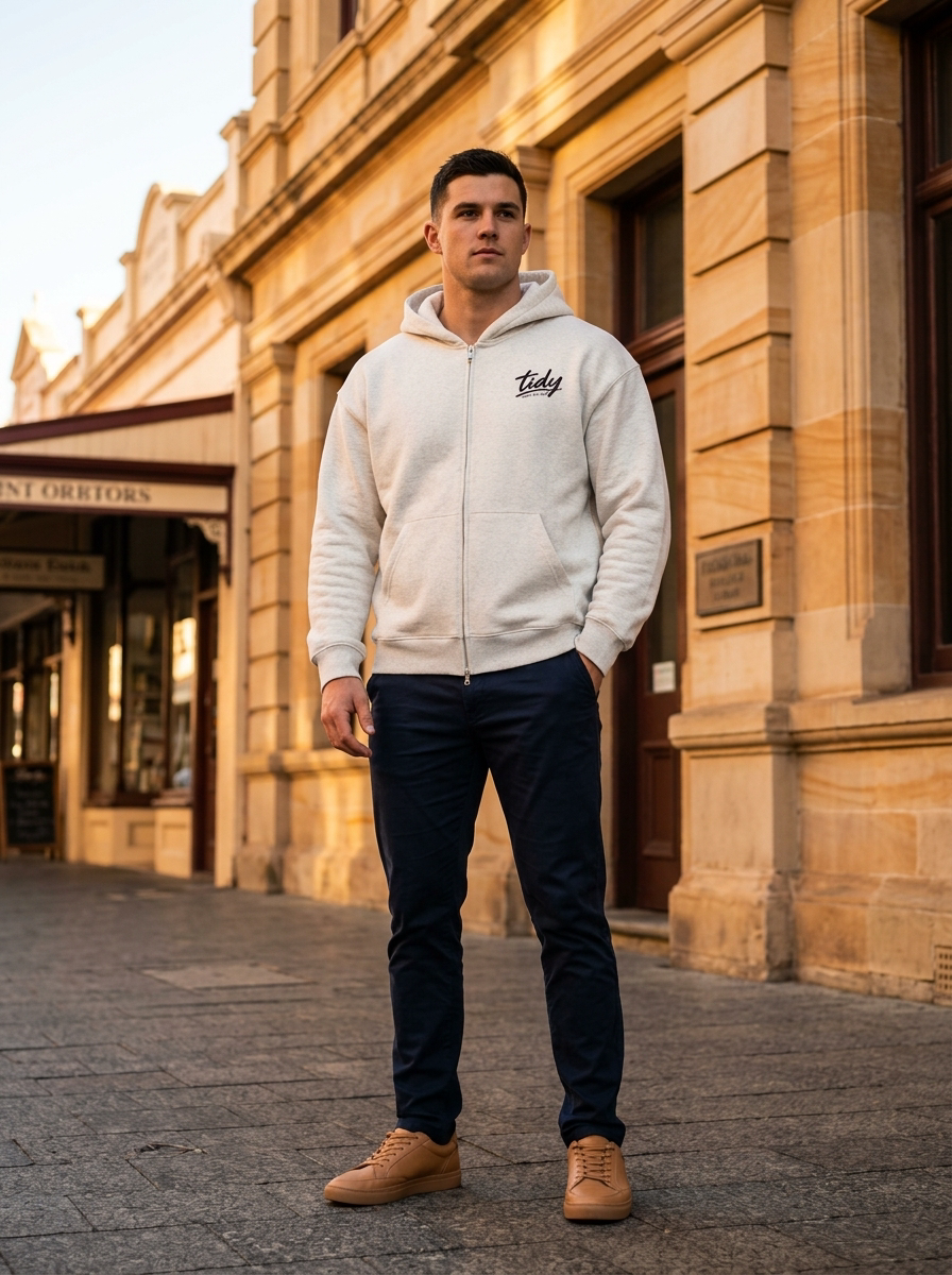 Tidy Originals Heavyweight Zip-Up Hoodie — man on Fremantle heritage street