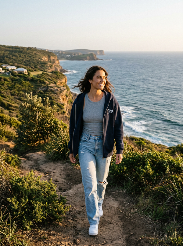 Tidy Originals Heavyweight Zip-Up Hoodie White Logo — woman on clifftop coastal path