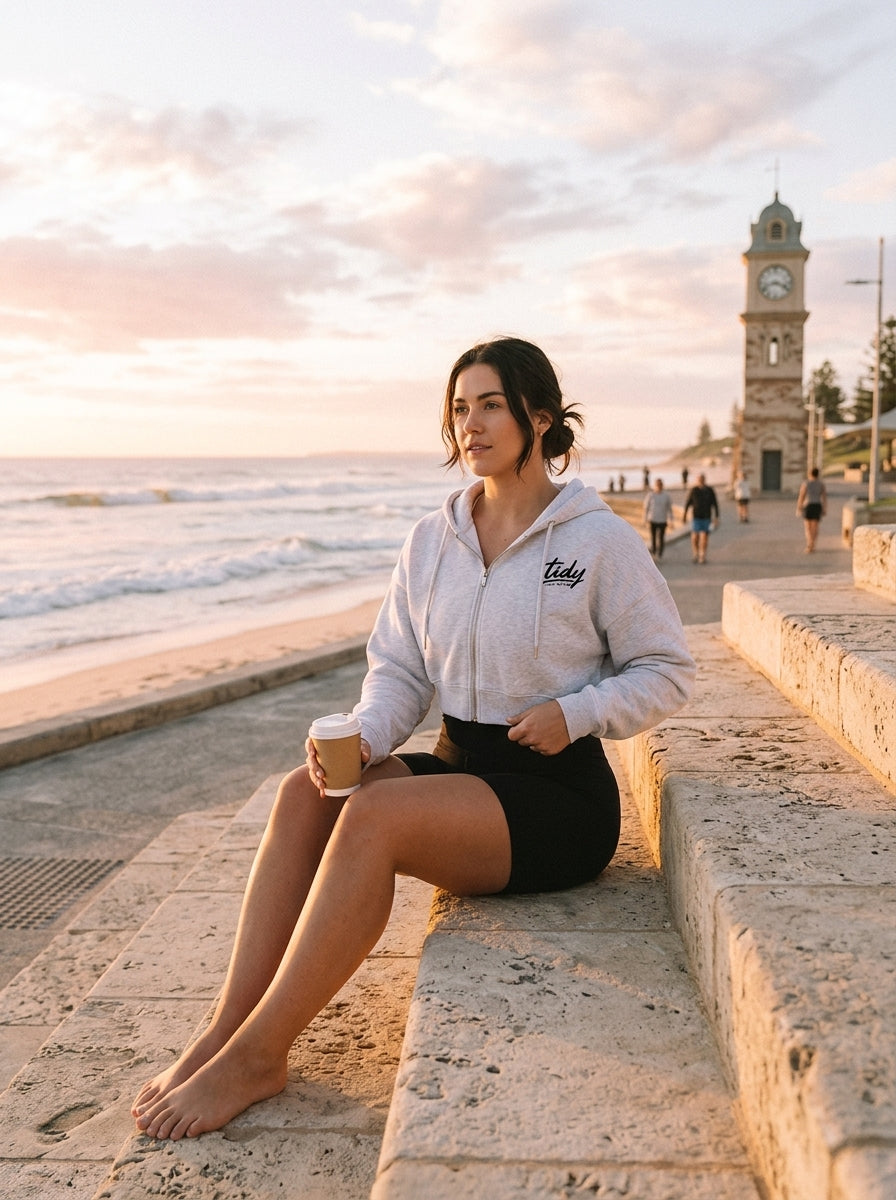 OG Cropped Zip-Up Black Logo — female Cottesloe steps sunrise