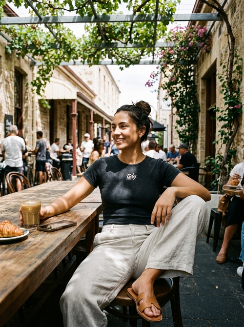 Tidy Originals Crewneck Bodysuit - Fremantle cafe lifestyle shot