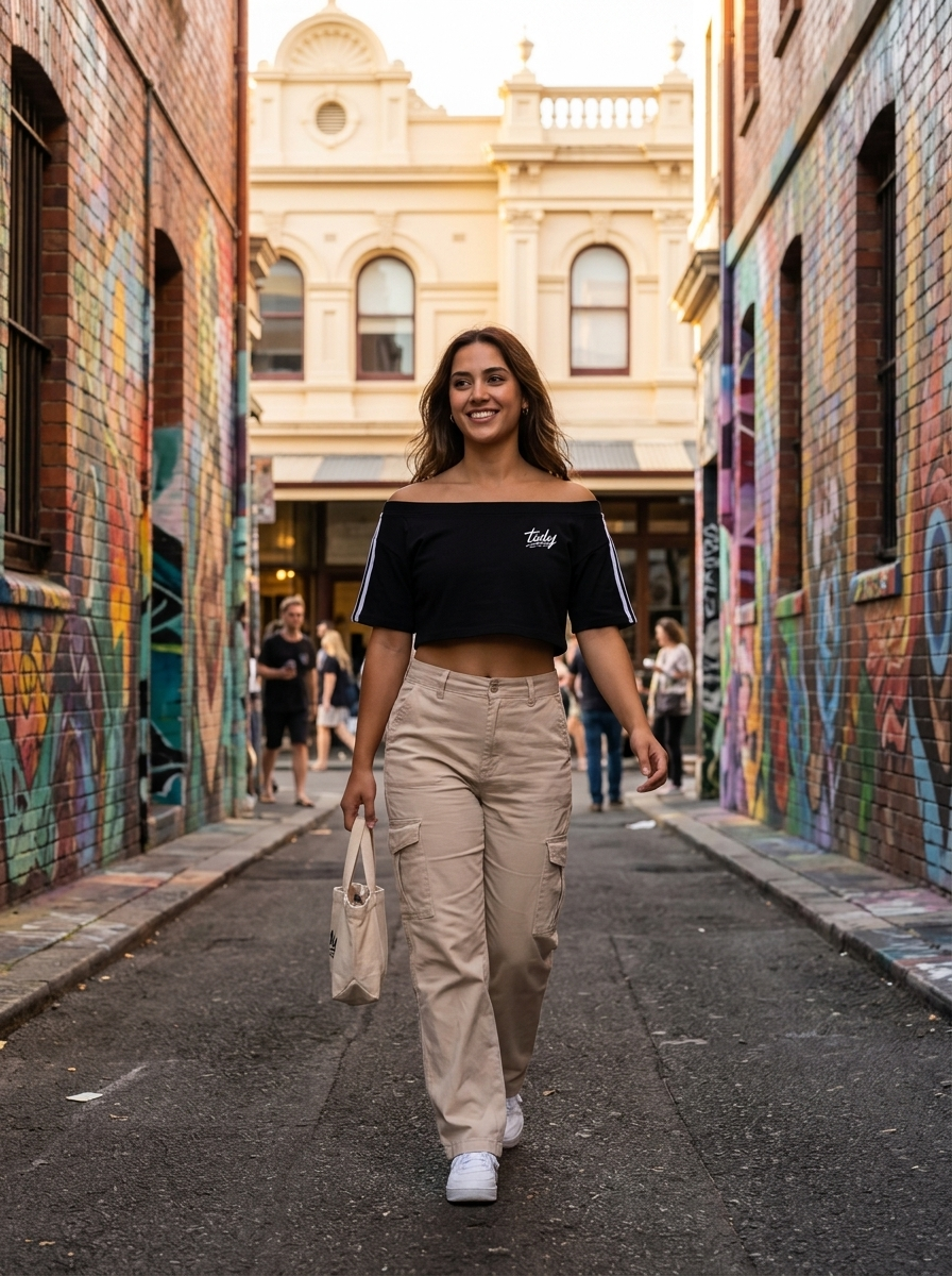 Off-Shoulder Crop Tee White Logo - Fremantle street art