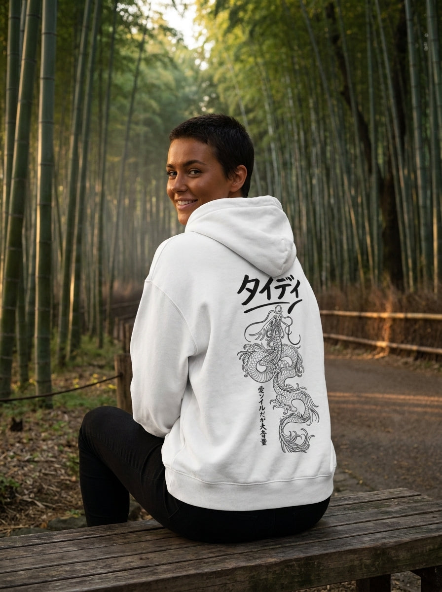 Dragon Drop-Shoulder Hoodie Black Logo — Female lifestyle, bamboo forest
