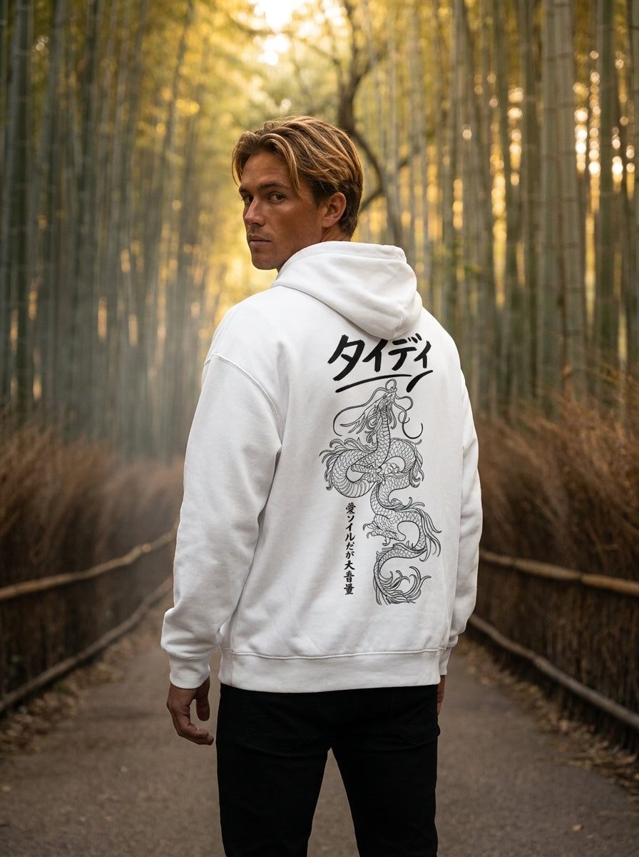 Dragon Drop-Shoulder Hoodie Black Logo — Male lifestyle, bamboo forest