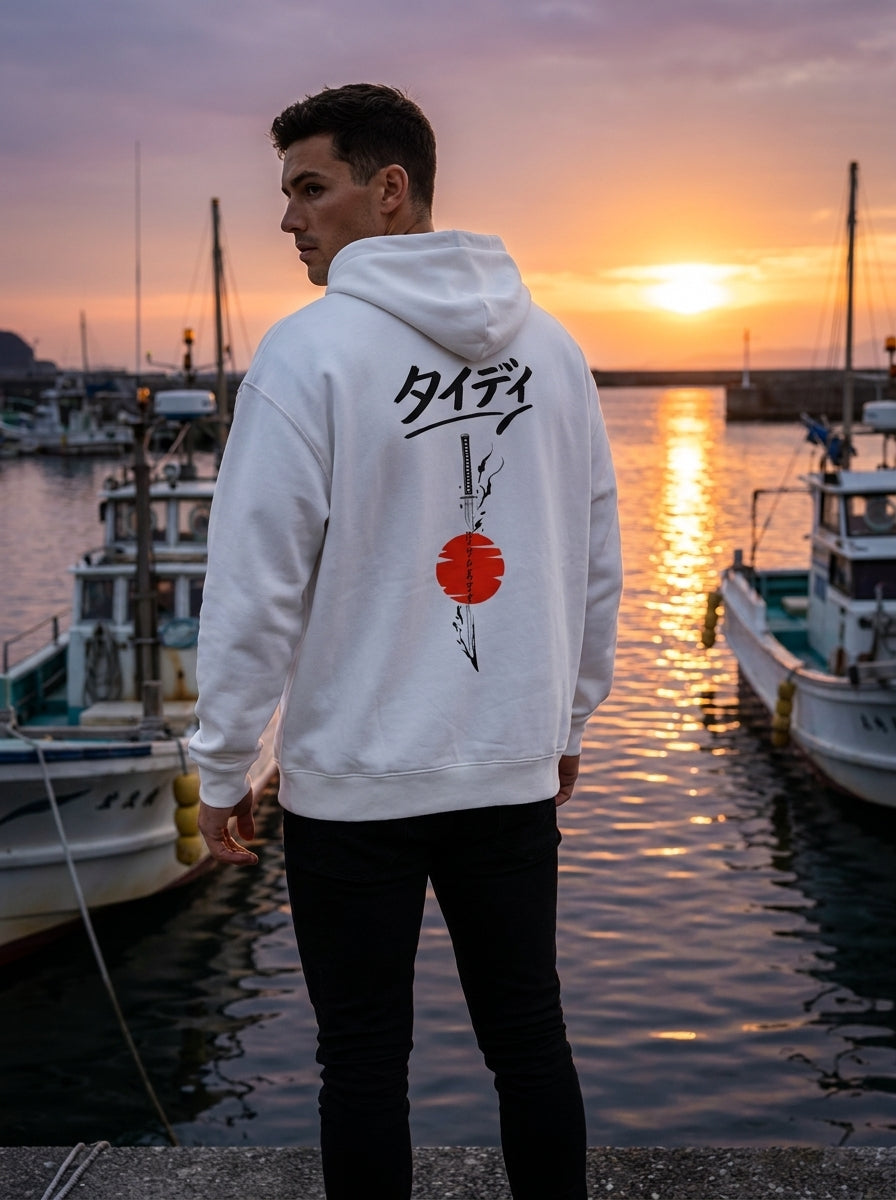 Rising Sun Drop-Shoulder Hoodie Black Logo — Male lifestyle, Japanese harbor