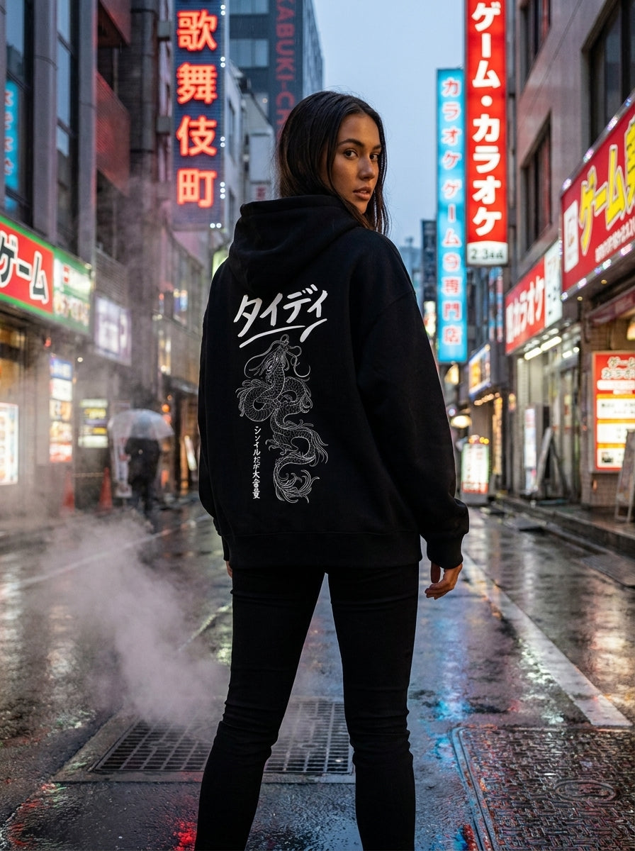 Dragon Zip-Up Hoodie White Logo — Female lifestyle, Kabuki-cho neon