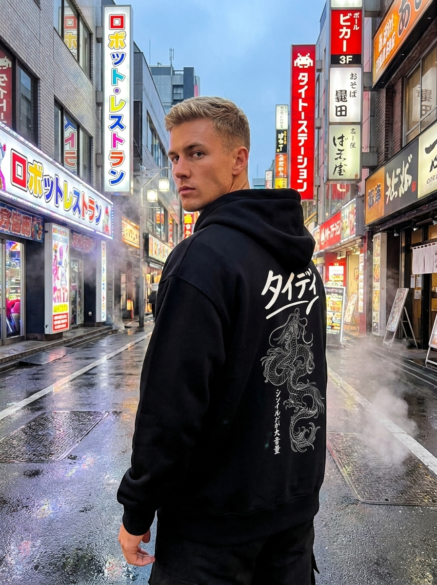 Dragon Zip-Up Hoodie White Logo — Male lifestyle, Kabuki-cho neon