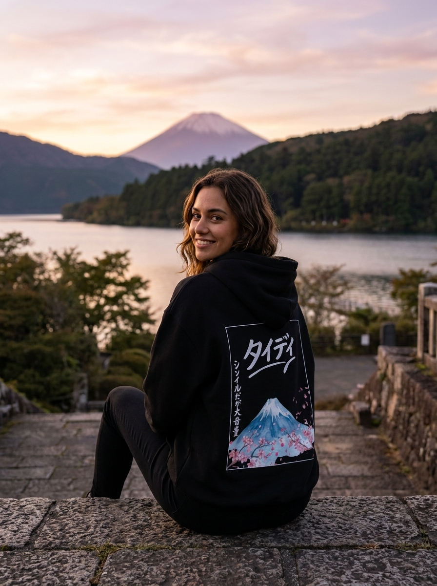 Mt Fuji Zip-Up Hoodie White Logo — Female lifestyle, Hakone