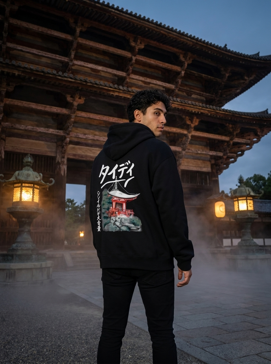 Temple Zip-Up Hoodie White Logo — Male lifestyle, Todai-ji gate Nara