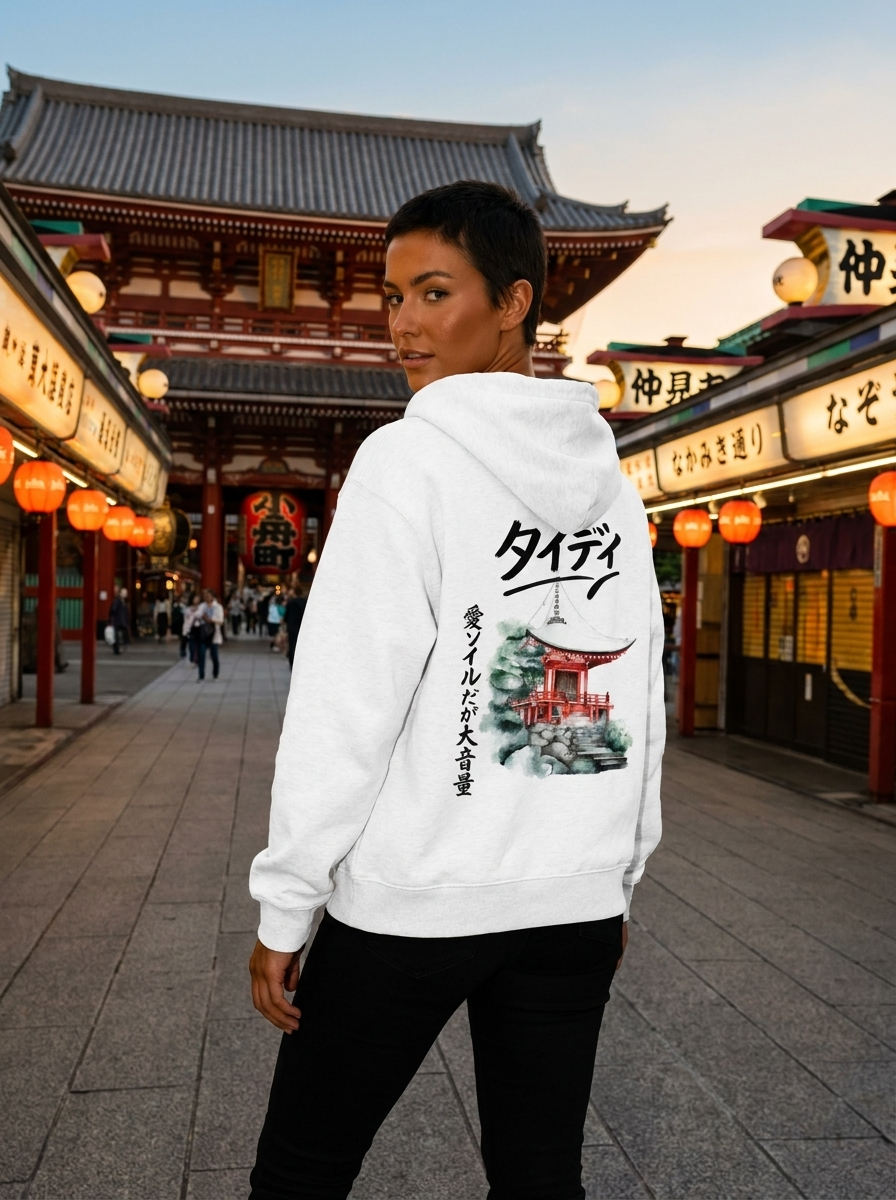 Temple Zip-Up Hoodie Black Logo — Female lifestyle, Senso-ji Asakusa
