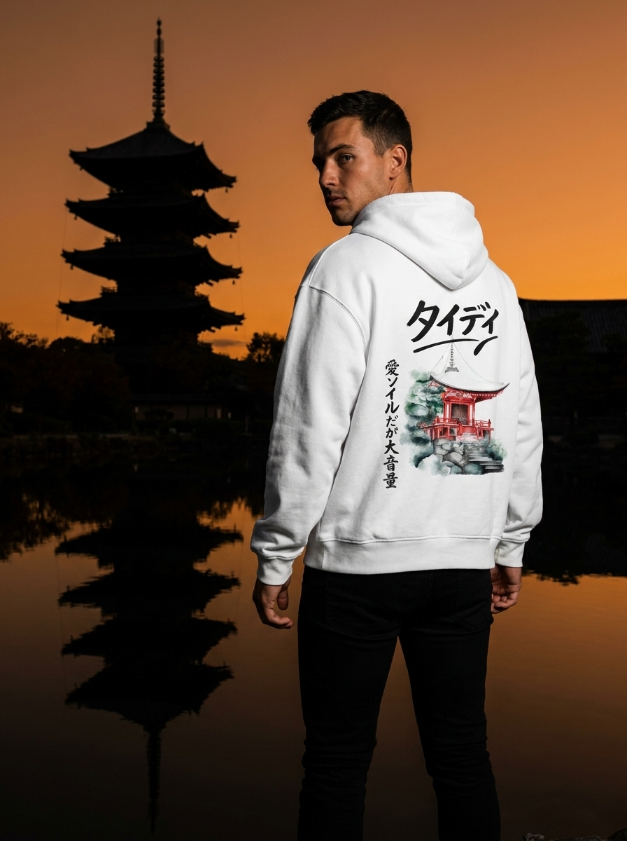 Temple Zip-Up Hoodie Black Logo — Male lifestyle, Toji pagoda Kyoto