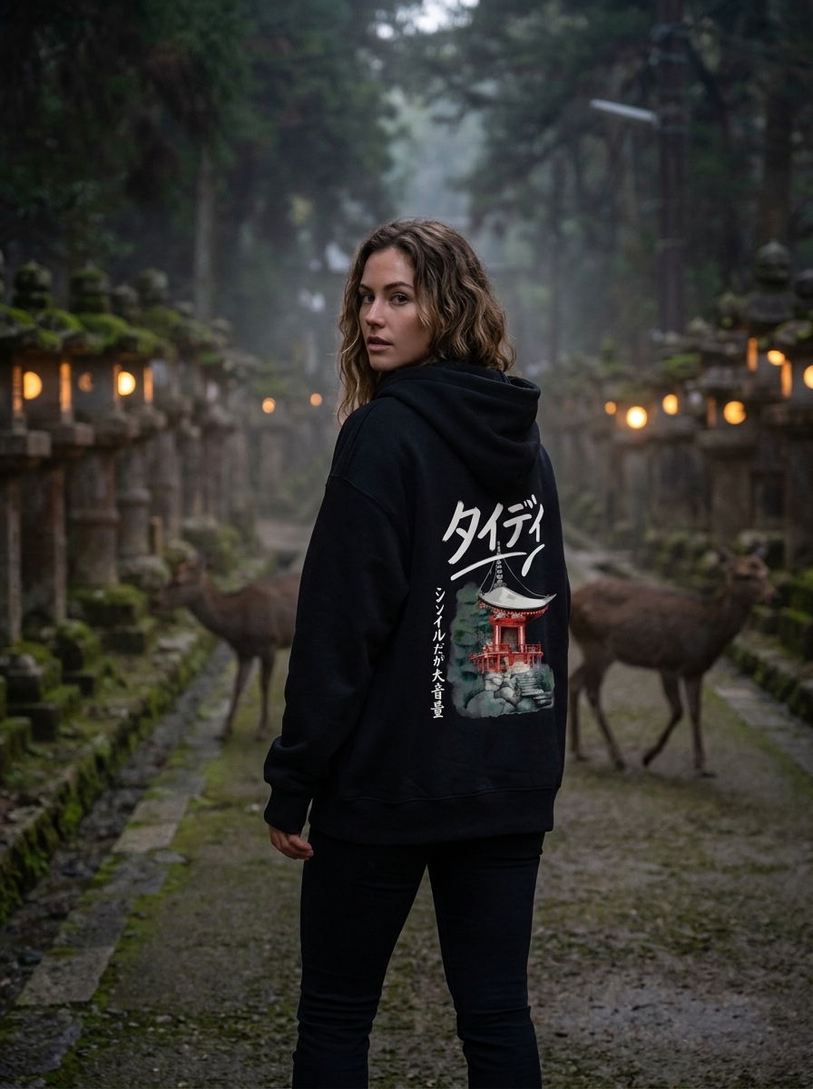 Temple Zip-Up Hoodie White Logo — Female lifestyle, Kasuga shrine Nara