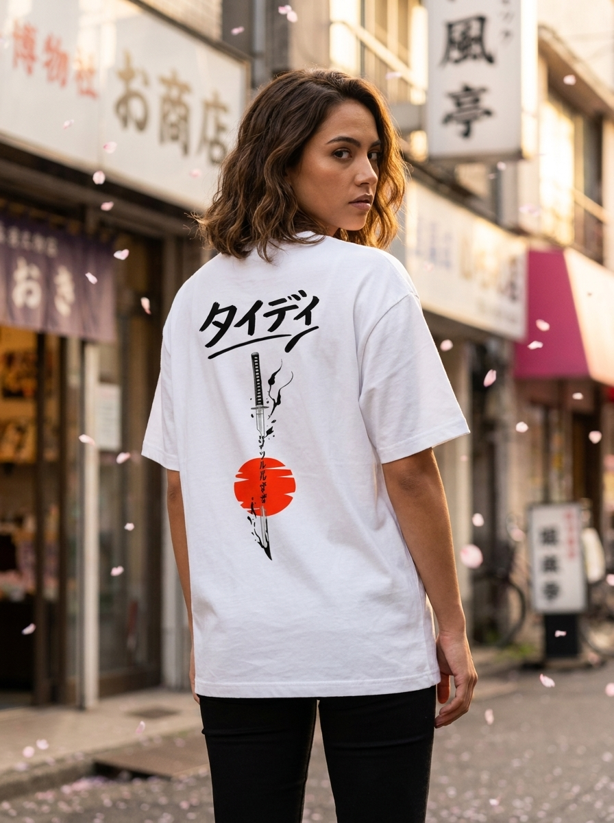 Rising Sun Oversized Tee Black Logo — editorial lifestyle shot female