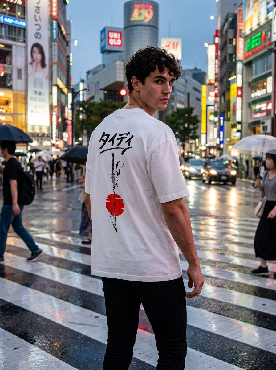 Rising Sun Oversized Tee Black Logo — editorial lifestyle shot male