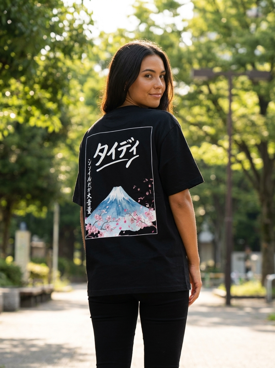 Mt Fuji Oversized Tee White Logo — editorial lifestyle shot female