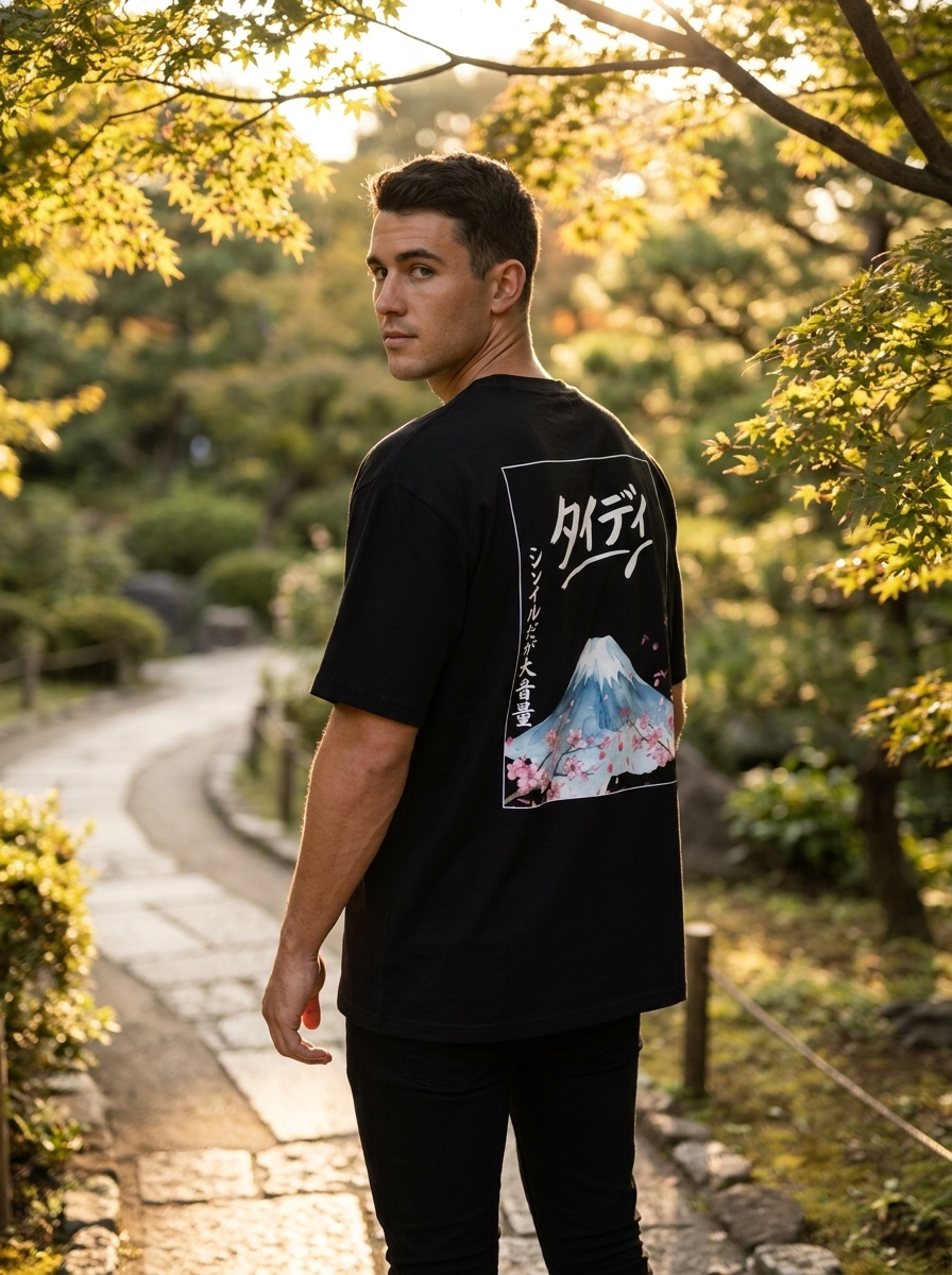 Mt Fuji Oversized Tee White Logo — editorial lifestyle shot male