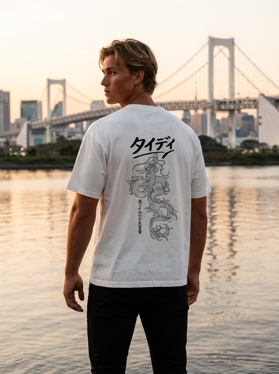 Dragon Mineral Wash Tee Black Logo — editorial lifestyle shot male