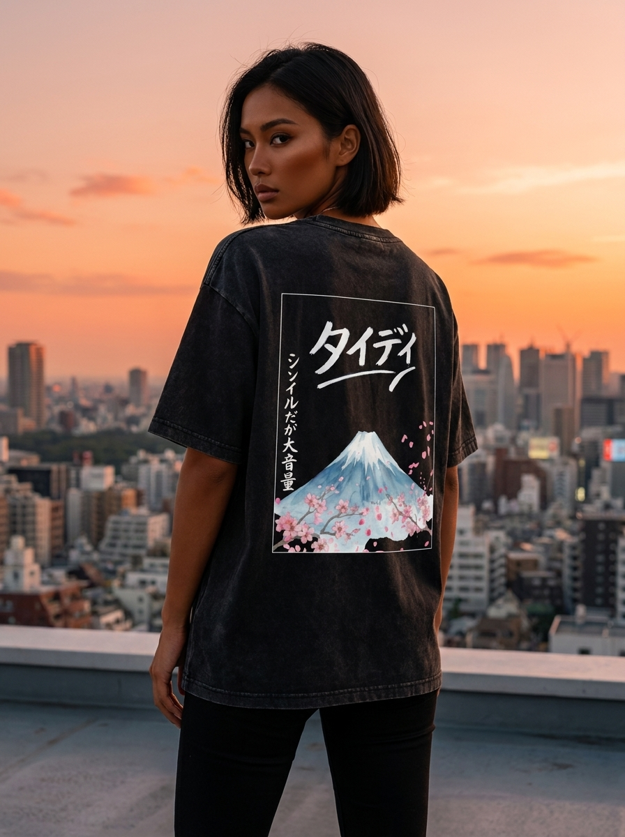 Mt Fuji Mineral Wash Tee White Logo — editorial lifestyle shot female