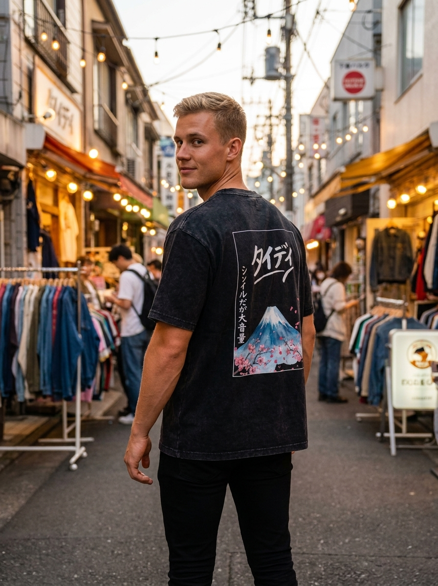 Mt Fuji Mineral Wash Tee White Logo — editorial lifestyle shot male