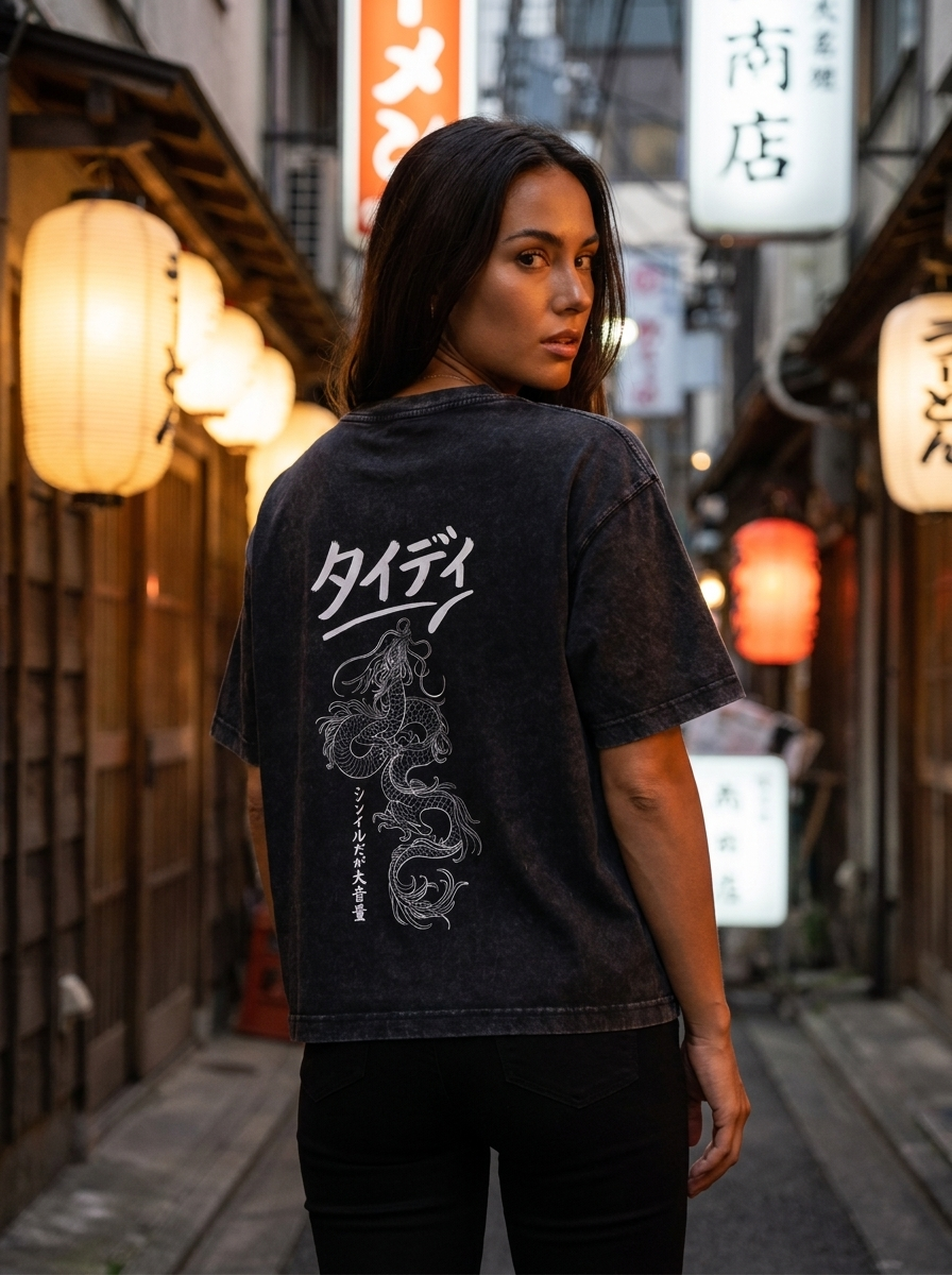 Dragon Mineral Wash Tee White Logo — editorial lifestyle shot female
