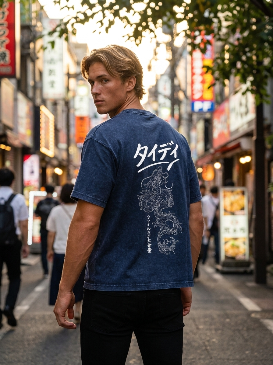 Dragon Mineral Wash Tee White Logo — editorial lifestyle shot male