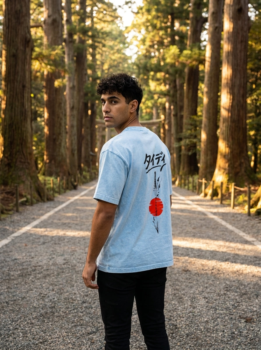 Rising Sun Mineral Wash Tee — editorial lifestyle shot male