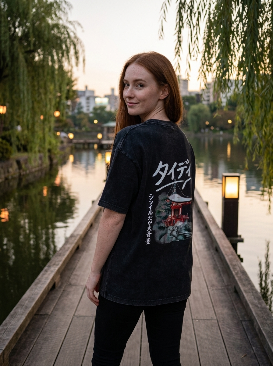 Temple Mineral Wash Tee White Logo — editorial lifestyle shot female