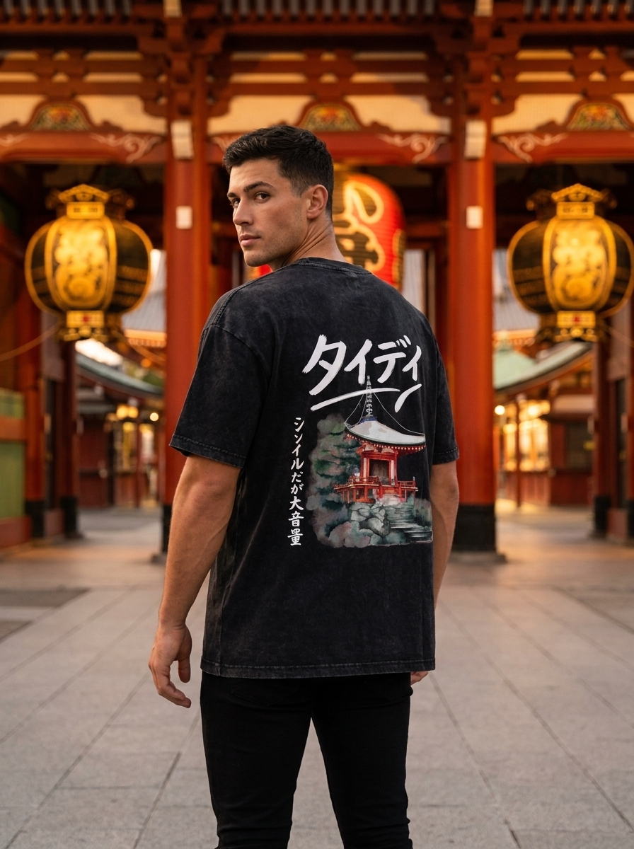 Temple Mineral Wash Tee White Logo — editorial lifestyle shot male