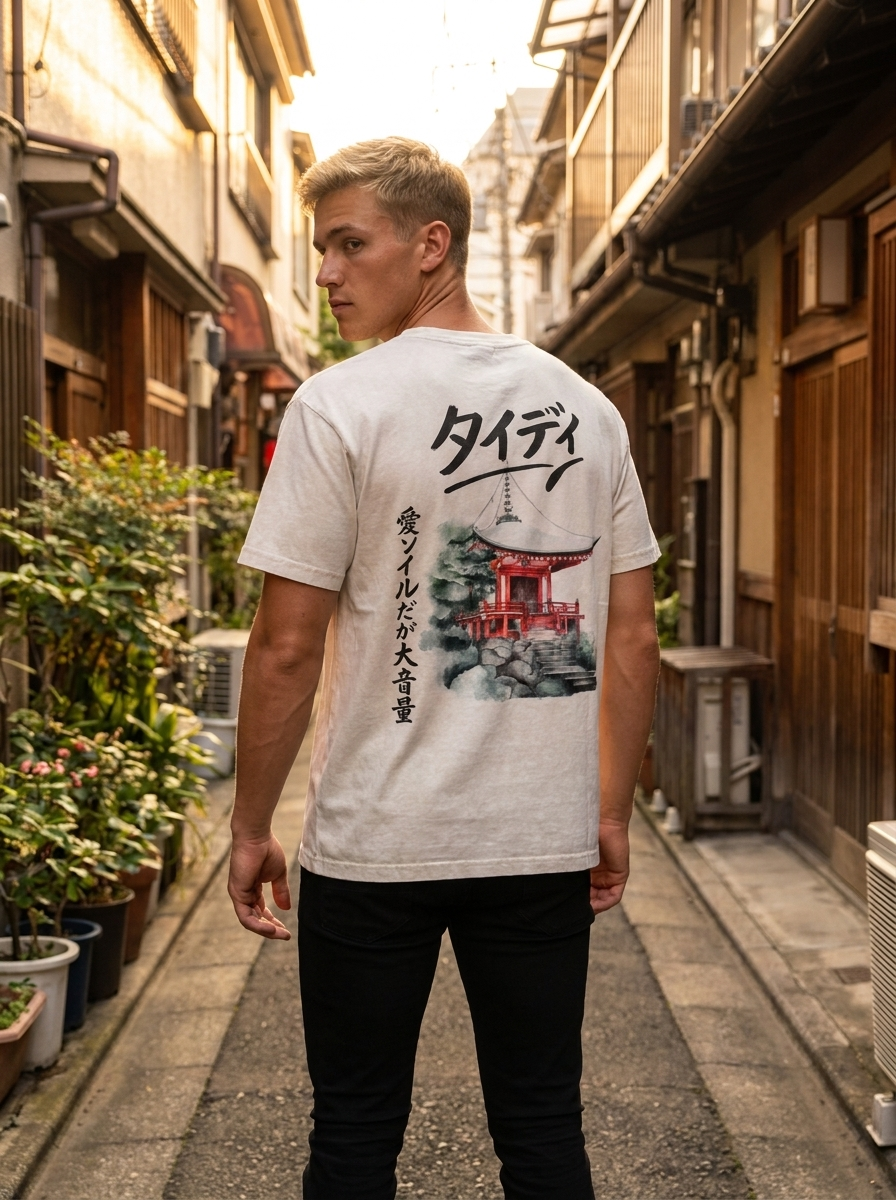 Temple Mineral Wash Tee Black Logo — editorial lifestyle shot male